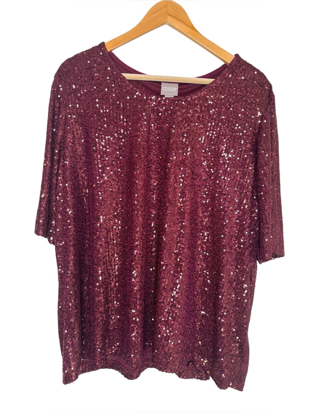 Chicos top wine red gold sequin flowy sleeve size Chicos 4 size US XXL